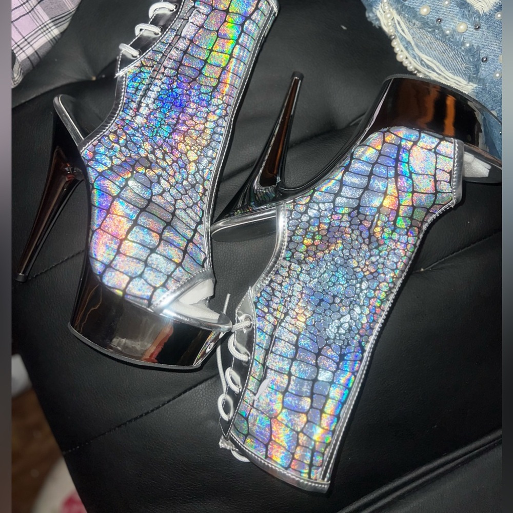 Iridescent rainbow snake skin print pleaser dance heels